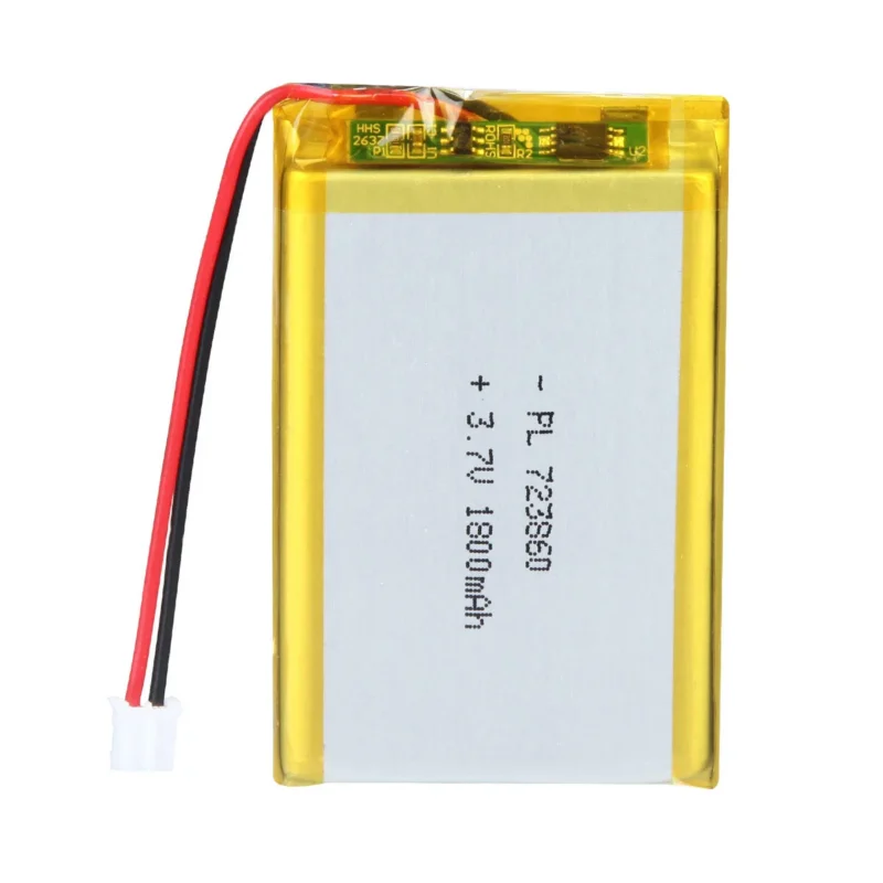 THOR 723860 3.7V 1800mAh lithium polymer battery with PCM protection, red and black lead wires, and 2-pin connector