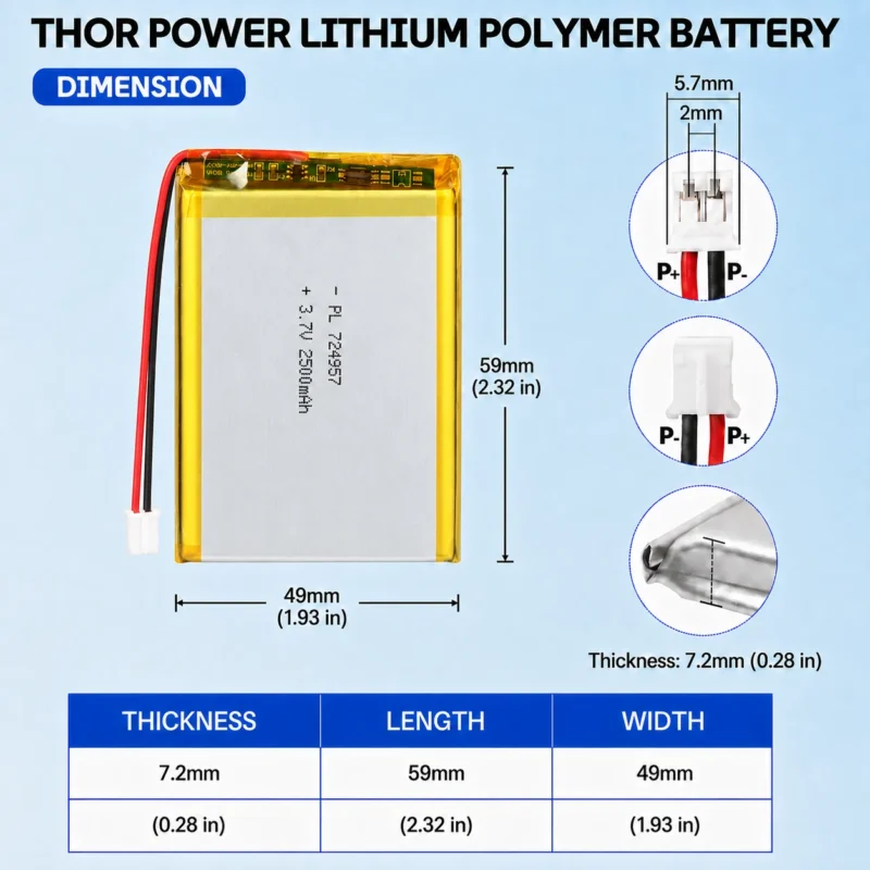 THOR 724957 3.7V 2500mAh LiPo battery dimension drawing showing T×W×L = 7.2 × 49 × 59 mm (with PCM) and 2-pin connector polarity