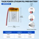 THOR 743040 3.7V 900mAh LiPo battery dimension drawing showing T×W×L = 7.4 × 30 × 42 mm (with PCM) and 2-pin connector polarity
