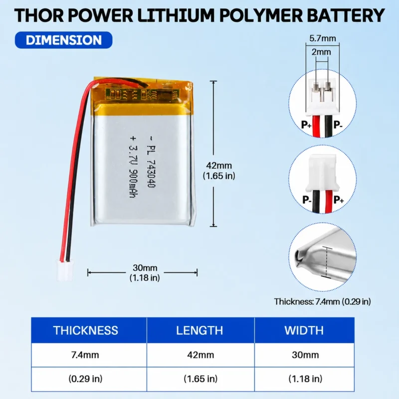 THOR 743040 3.7V 900mAh LiPo battery dimension drawing showing T×W×L = 7.4 × 30 × 42 mm (with PCM) and 2-pin connector polarity