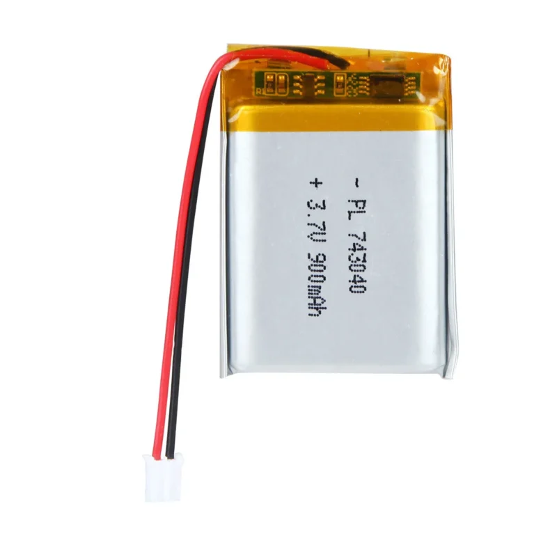 THOR 743040 3.7V 900mAh lithium polymer battery with PCM protection, red and black lead wires, and 2-pin connector