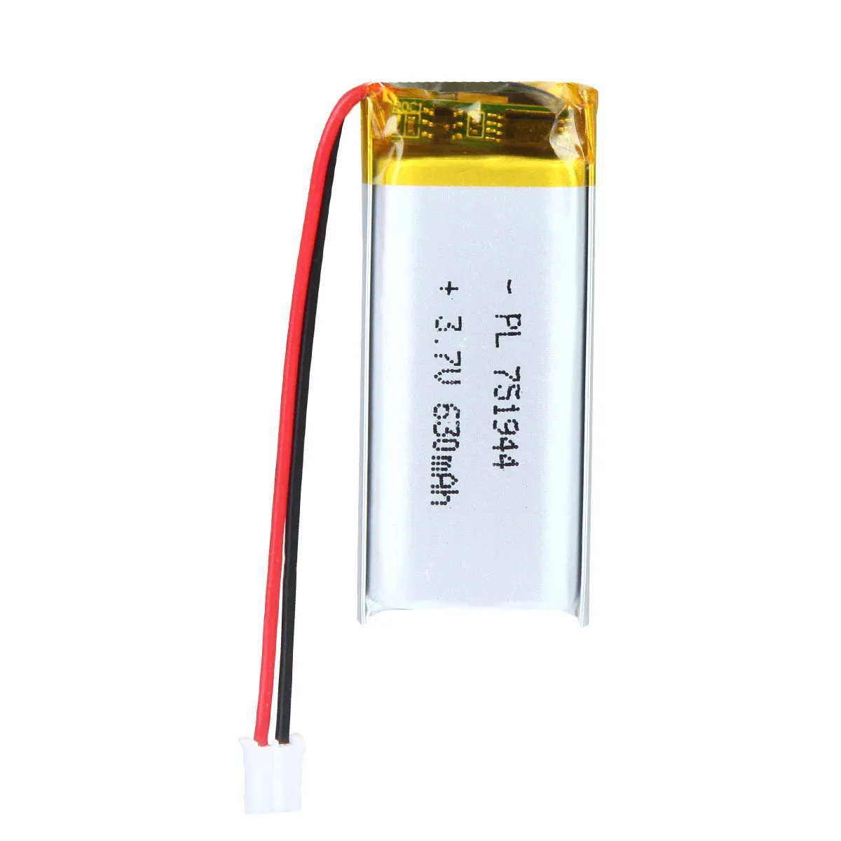 thor-751944-lithium-polymer-battery THOR 751944 3.7V 630mAh lithium polymer battery with PCM protection, red and black lead wires, and 2-pin connector