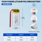 THOR 752245 3.7V 750mAh LiPo battery dimension drawing showing T×W×L = 7.5 × 22 × 47 mm (with PCM) and 2-pin connector polarity