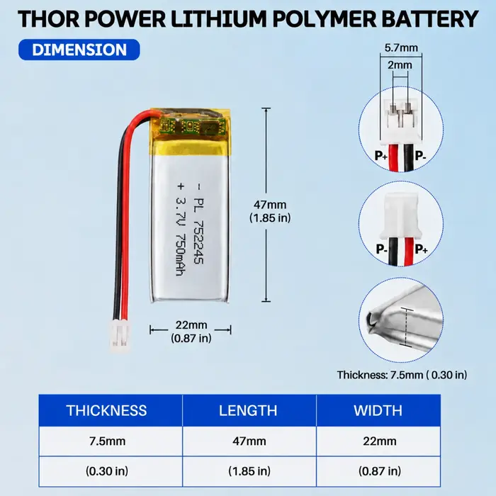 THOR 752245 3.7V 750mAh LiPo battery dimension drawing showing T×W×L = 7.5 × 22 × 47 mm (with PCM) and 2-pin connector polarity