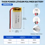 THOR 752248 3.7V 800mAh LiPo battery dimension drawing showing T×W×L = 7.5 × 22 × 50 mm (with PCM) and 2-pin connector polarity