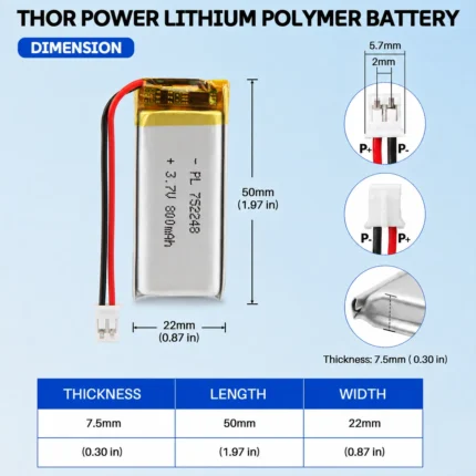 THOR 752248 3.7V 800mAh LiPo battery dimension drawing showing T×W×L = 7.5 × 22 × 50 mm (with PCM) and 2-pin connector polarity
