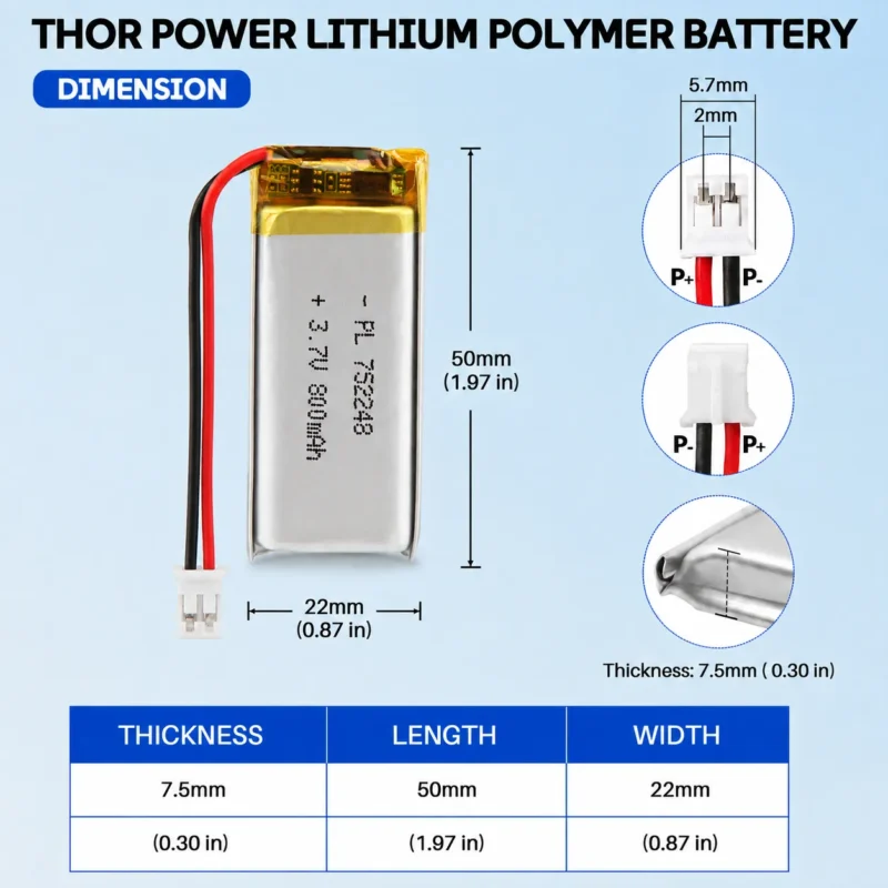 THOR 752248 3.7V 800mAh LiPo battery dimension drawing showing T×W×L = 7.5 × 22 × 50 mm (with PCM) and 2-pin connector polarity