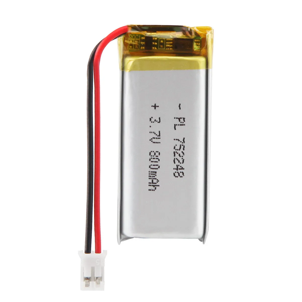 thor-752248-lithium-polymer-battery THOR 752248 3.7V 800mAh lithium polymer battery with PCM protection, red and black lead wires, and 2-pin connector