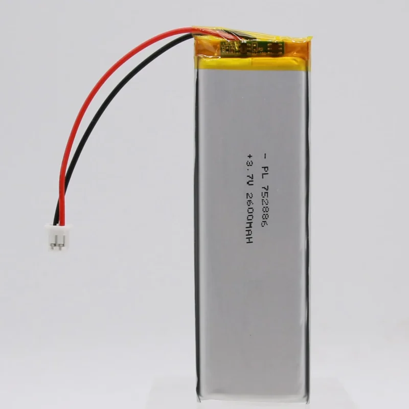 THOR 752886 3.7V 2600mAh lithium polymer battery with PCM protection, red and black lead wires, and 2-pin connector
