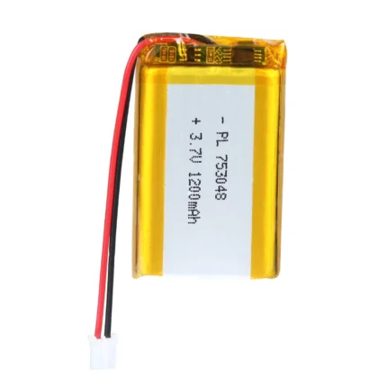 THOR 753048 3.7V 1200mAh lithium polymer battery with PCM protection, red and black lead wires, and 2-pin connector