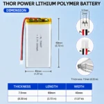 THOR 754067 3.7V 1600mAh LiPo battery dimension drawing showing T×W×L = 7.5 × 40 × 69 mm (with PCM) and 2-pin connector polarity