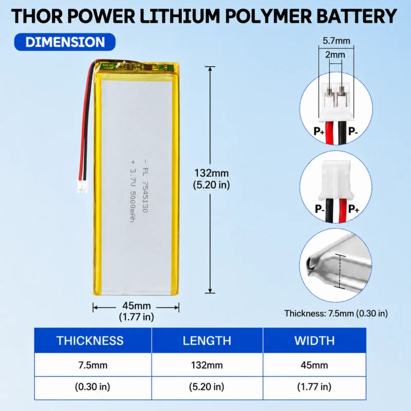 THOR 7545130 3.7V 5000mAh LiPo battery dimension drawing showing T×W×L = 7.5 × 45 × 132 mm (with PCM) and 2-pin connector polarity