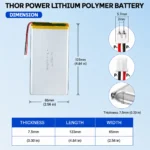 THOR 7565121 3.7V 8000mAh LiPo battery dimension drawing showing T×W×L = 7.5 × 65 × 123 mm (with PCM) and 2-pin connector polarity