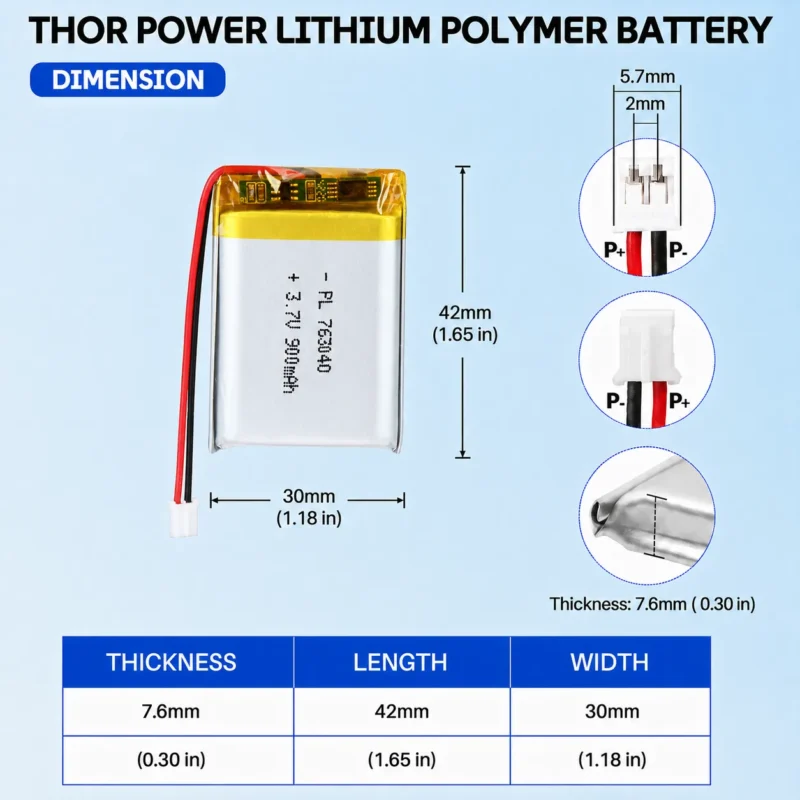 THOR 763040 3.7V 900mAh LiPo battery dimension drawing showing T×W×L = 7.6 × 30 × 42 mm (with PCM) and 2-pin connector polarity