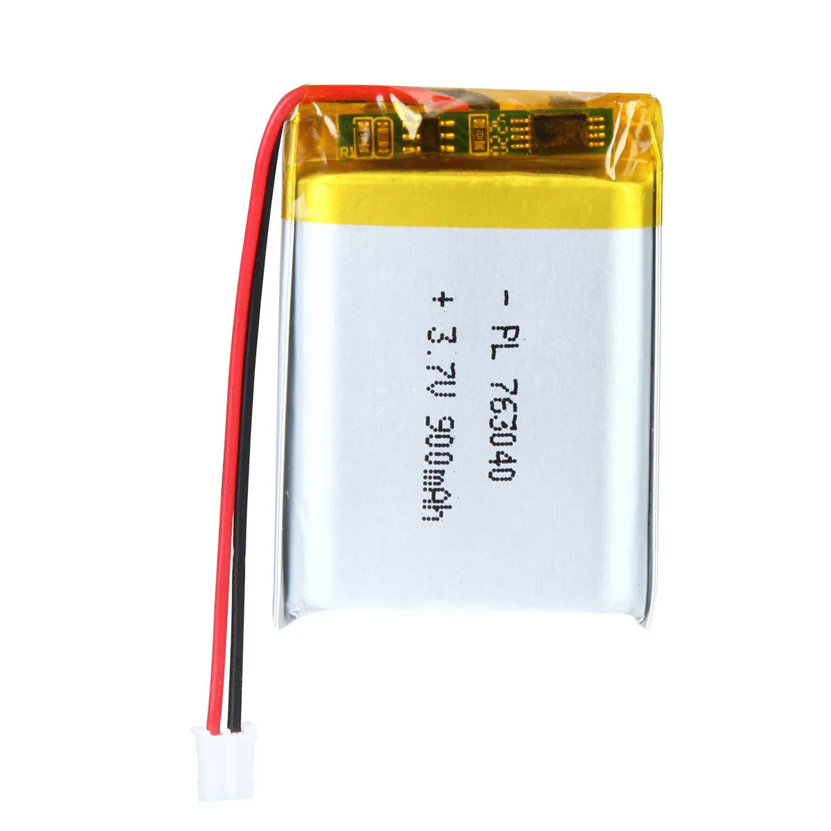 thor-763040-lithium-polymer-battery THOR 763040 3.7V 900mAh lithium polymer battery with PCM protection, red and black lead wires, and 2-pin connector
