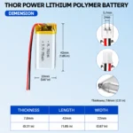 THOR 782240 3.7V 750mAh LiPo battery dimension drawing showing T×W×L = 7.8 × 22 × 42 mm (with PCM) and 2-pin connector polarity