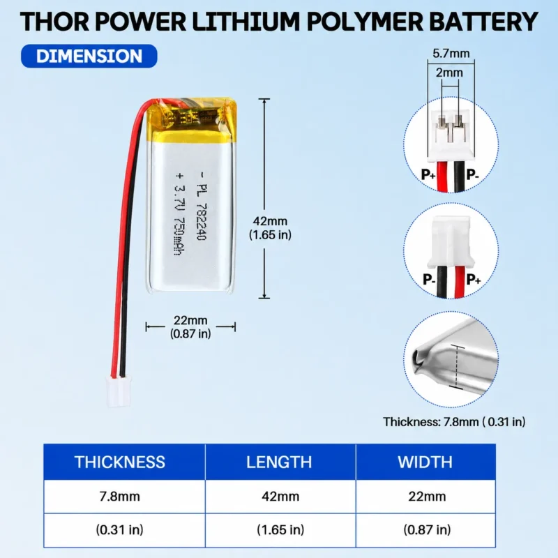 THOR 782240 3.7V 750mAh LiPo battery dimension drawing showing T×W×L = 7.8 × 22 × 42 mm (with PCM) and 2-pin connector polarity