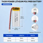 THOR 782248 3.7V 750mAh LiPo battery dimension drawing showing T×W×L = 7.8 × 22 × 50 mm (with PCM) and 2-pin connector polarity