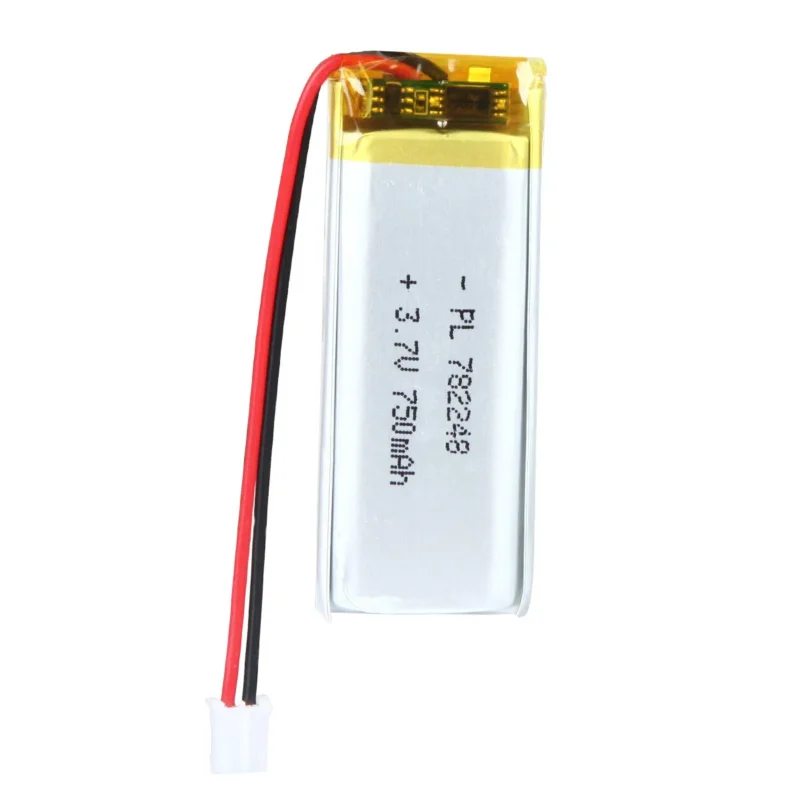 THOR 782248 3.7V 750mAh lithium polymer battery with PCM protection, red and black lead wires, and 2-pin connector