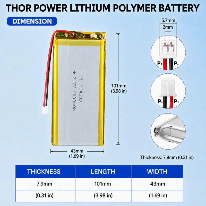 THOR 794399 3.7V 4000mAh LiPo battery dimension drawing showing T×W×L = 7.9 × 43 × 101 mm (with PCM) and 2-pin connector polarity