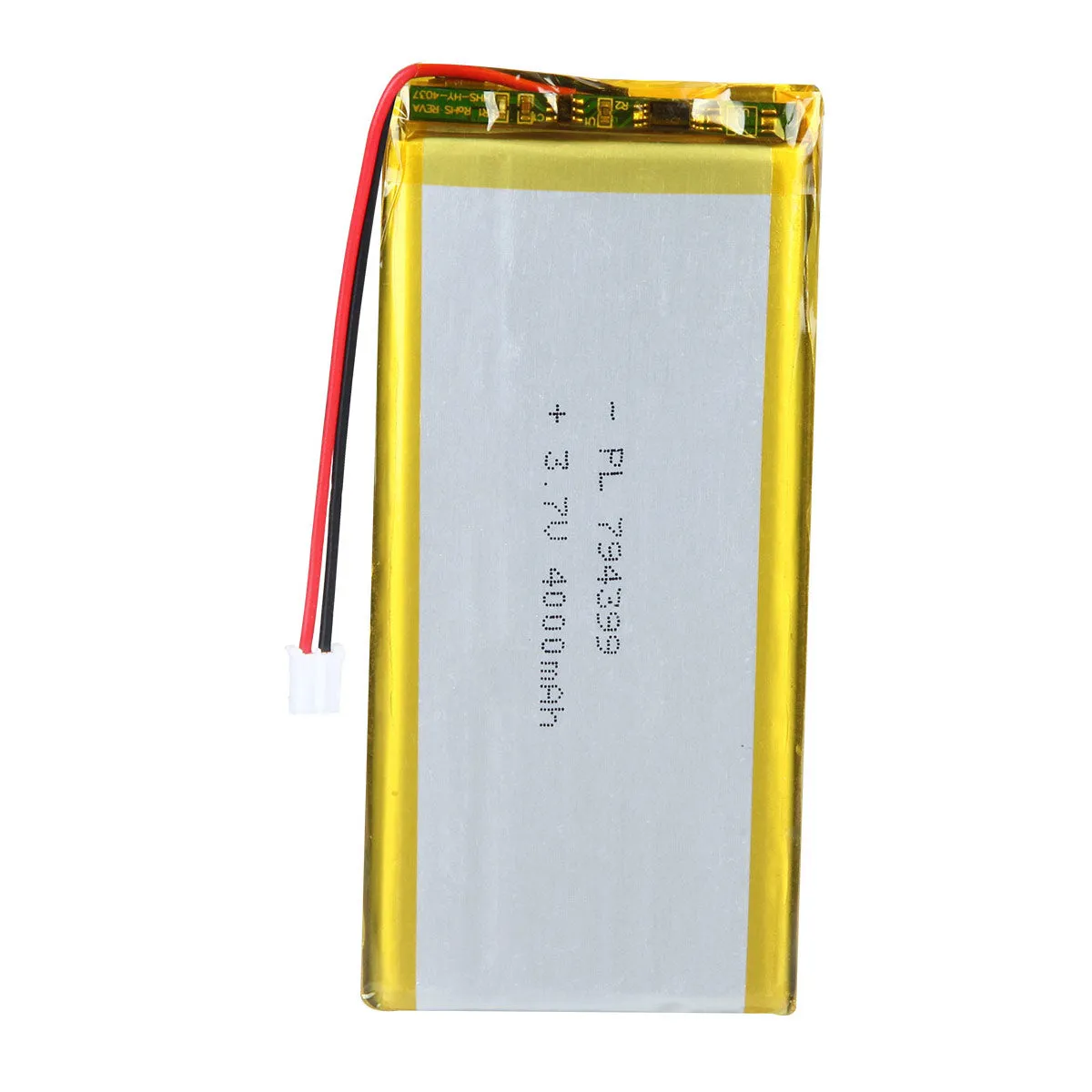 thor-794399-lithium-polymer-battery THOR 794399 3.7V 4000mAh lithium polymer battery with PCM protection, red and black lead wires, and 2-pin connector
