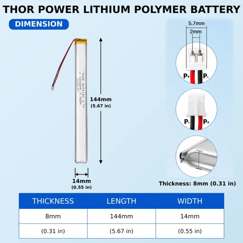 THOR 8014142 3.7V 1600mAh LiPo battery dimension drawing showing T×W×L =8.0 × 14 × 144 mm (with PCM) and 2-pin connector polarity