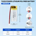 THOR 801845 3.7V 600mAh LiPo battery dimension drawing showing T×W×L = 8.0 × 18 × 47 mm (with PCM) and 2-pin connector polarity