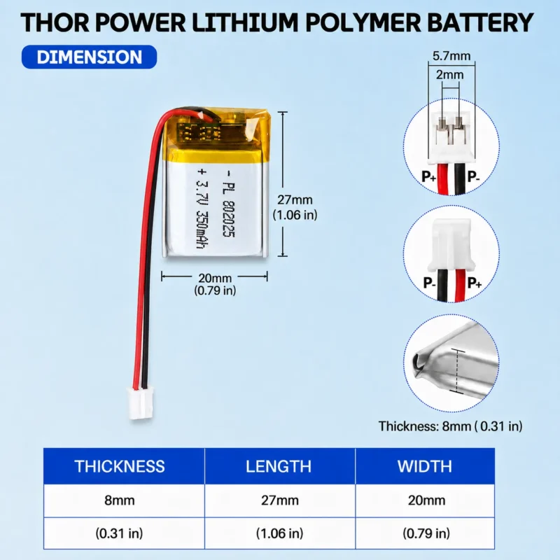 THOR 802025 3.7V 350mAh LiPo battery dimension drawing showing T×W×L = 8.0 × 20 × 27 mm (with PCM) and 2-pin connector polarity