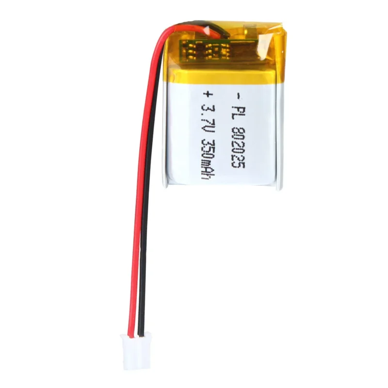 THOR 802025 3.7V 350mAh lithium polymer battery with PCM protection, red and black lead wires, and 2-pin connector