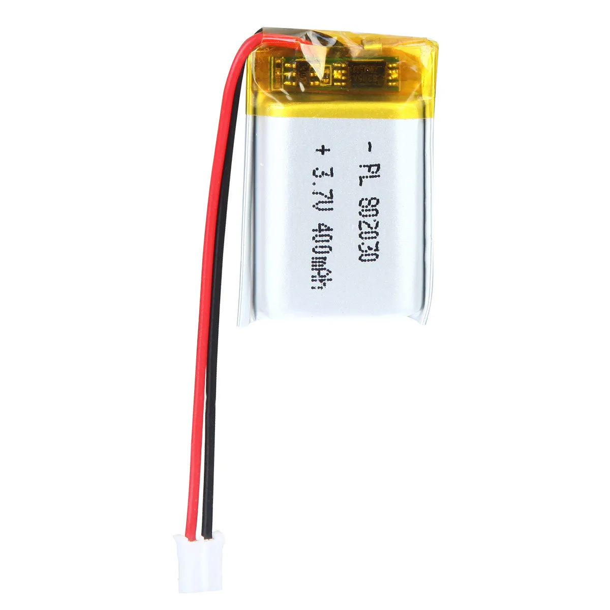 thor-802030-lithium-polymer-battery THOR 802030 3.7V 400mAh lithium polymer battery with PCM protection, red and black lead wires, and 2-pin connector