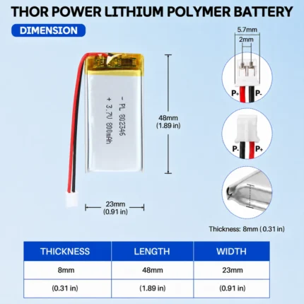 THOR 802346 3.7V 800mAh LiPo battery dimension drawing showing T×W×L = 8.0 × 23 × 48 mm (with PCM) and 2-pin connector polarity