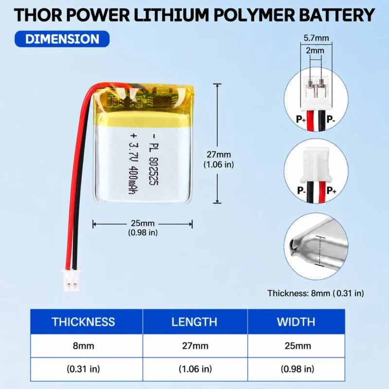 THOR 802525 3.7V 400mAh LiPo battery dimension drawing showing T×W×L = 8.0 × 25 × 27 mm (with PCM) and 2-pin connector polarity