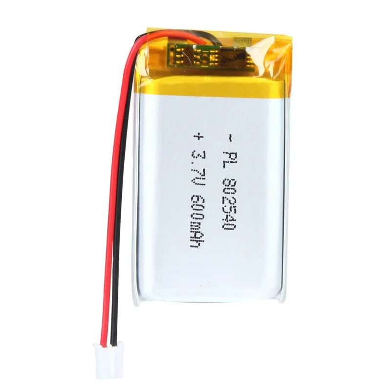 THOR 802540 3.7V 600mAh lithium polymer battery with PCM protection, red and black lead wires, and 2-pin connector