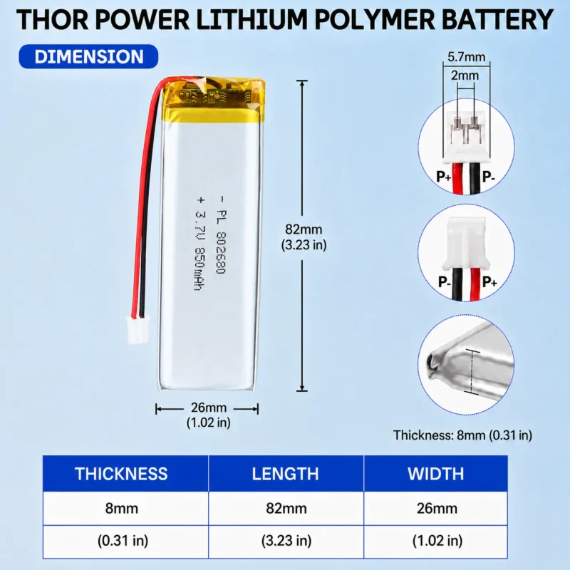 THOR 802680 3.7V 850mAh LiPo battery dimension drawing showing T×W×L = 8.0 × 26 × 82 mm (with PCM) and 2-pin connector polarity