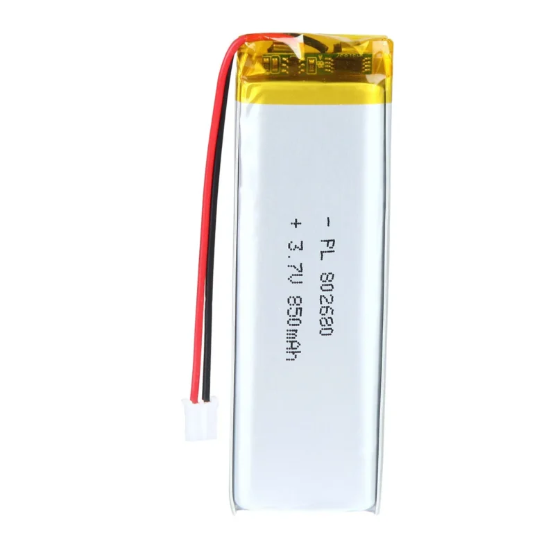 THOR 802680 3.7V 850mAh lithium polymer battery with PCM protection, red and black lead wires, and 2-pin connector