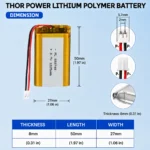 THOR 802748 3.7V 1225mAh LiPo battery dimension drawing showing T×W×L = 8.0 × 27 × 50 mm (with PCM) and 2-pin connector polarity
