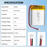 THOR 803040 3.7V 1000mAh lithium polymer battery specifications with dimensions and connector details