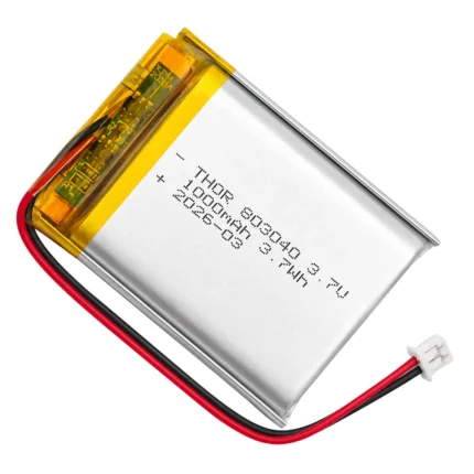 THOR 803040 3.7V 1000mAh lithium polymer battery with PCM protection, red and black lead wires, and 2-pin connector