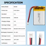 THOR 803048 3.7V 1200mAh lithium polymer battery specifications with dimensions and connector details