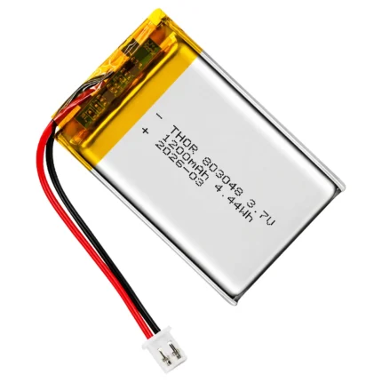 THOR 803048 3.7V 1200mAh lithium polymer battery with PCM protection, red and black lead wires, and 2-pin connector