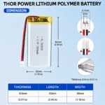THOR 803060 3.7V 1500mAh LiPo battery dimension drawing showing T×W×L = 8.0 × 30 × 62 mm (with PCM) and 2-pin connector polarity