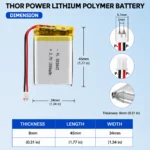THOR 803443 3.7V 1000mAh LiPo battery dimension drawing showing T×W×L = 8.0 × 34 × 45 mm (with PCM) and 2-pin connector polarity