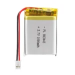THOR 803443 3.7V 1000mAh lithium polymer battery with PCM protection, red and black lead wires, and 2-pin connector