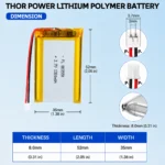 THOR 803550 3.7V 1300mAh LiPo battery dimension drawing showing T×W×L = 8.0 × 35 × 52 mm (with PCM) and 2-pin connector polarity