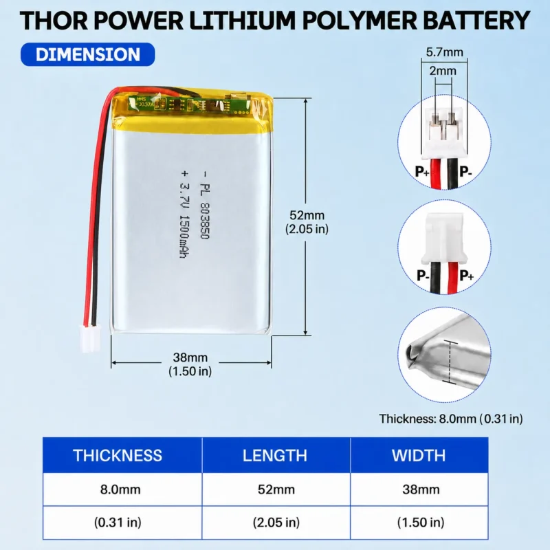 THOR 803850 3.7V 1500mAh LiPo battery dimension drawing showing T×W×L = 8.0 × 38 × 52 mm (with PCM) and 2-pin connector polarity