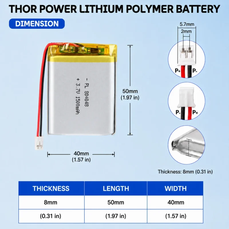 THOR 804048 3.7V 1500mAh LiPo battery dimension drawing showing T×W×L = 8.0 × 40 × 50 mm (with PCM) and 2-pin connector polarity