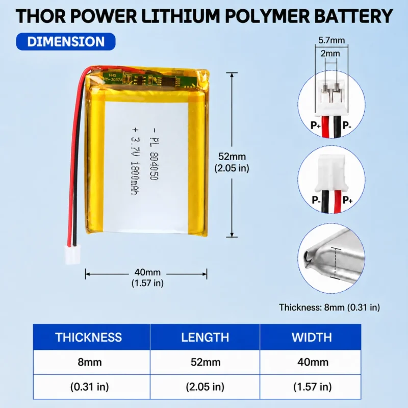 THOR 804050 3.7V 1800mAh LiPo battery dimension drawing showing T×W×L = 8.0 × 40 × 52 mm (with PCM) and 2-pin connector polarity