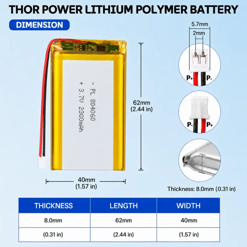THOR 804060 3.7V 2300mAh LiPo battery dimension drawing showing T×W×L = 8.0 × 40 × 62 mm (with PCM) and 2-pin connector polarity