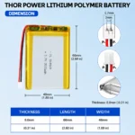 THOR 804864 3.7V 3000mAh LiPo battery dimension drawing showing T×W×L = 8.0 × 48 × 66 mm (with PCM) and 2-pin connector polarity