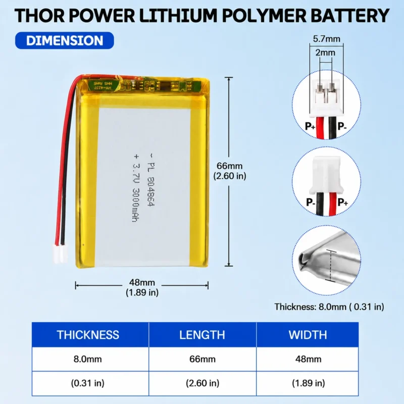 THOR 804864 3.7V 3000mAh LiPo battery dimension drawing showing T×W×L = 8.0 × 48 × 66 mm (with PCM) and 2-pin connector polarity